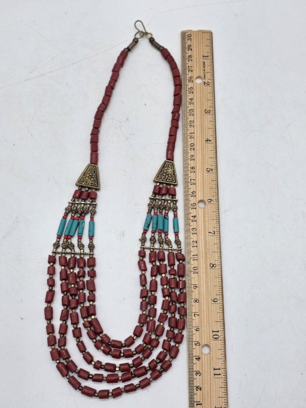 Tibetan Jewelry Multi-Strand Necklace Statement Boho Faux Turquoise & Coral - Picture 8 of 10